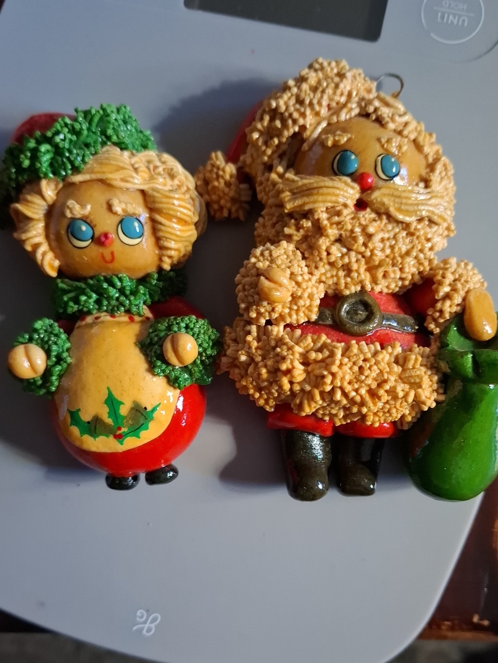 Christmas Santa and Mrs. Claus , Baby, Clown Group Of Vintage Homemade Ornaments